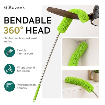 Gütewerk Extendable Microfiber Duster, 100 Inch - Feather Dusters for Cleaning Ceiling Fans, Blinds, Baseboards & High Ceilings - Washable, Electrostatic, 360° Bendable Head, Stainless Steel Pole - color: Green, size: up to 100 inch