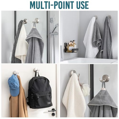 TAILI 304 Stainless Steel Bathroom Suction Hooks for Towel, Bathrobe, Loofah, Patented Strong Suction Cup Holder, No Damage Hanging Glass Shower Wall Hook, Double-Hook Sleek Design, 2 Pack, Silver - color: Sleek Double-Hook, Silver