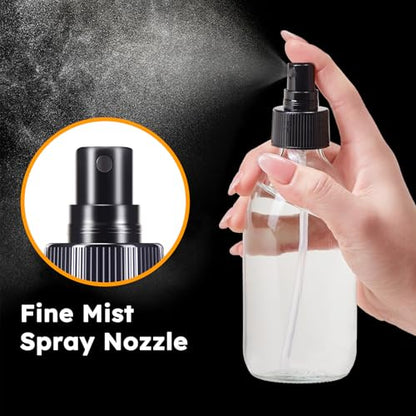 Tecohouse 2 Pack Glass Spray Bottles, 250ml Small Glass Bottles for Cleaning Solutions, Spray Bottles for Essential Oils, Plants, with Durable Nozzle, Labels, Funnel - Clear - color: 8.5 oz Clear-Black Lids