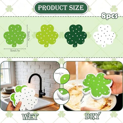 8Pcs St. Patrick's Day Kitchen Sponges Shamrock Clover Shaped Non Scratch Dish Washing Sponges Dot Pattern in 4 Colors for Irish Home Kitchen Cleaning