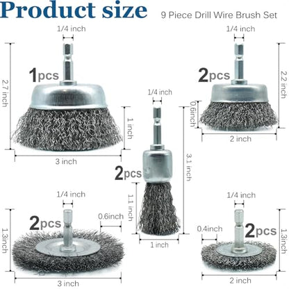 9 Pcs Wire Brush Set for Drill, Coarse Carbon Steel Crimping Wire Wheel Brush with 1/4" Hex Shank for Aggressive Rust Removal, Paint Stripping & Surface Abrasion - style: 3 Cup Brush+4 Wheel Brush+2 Pen Brush (9 Piece Set)