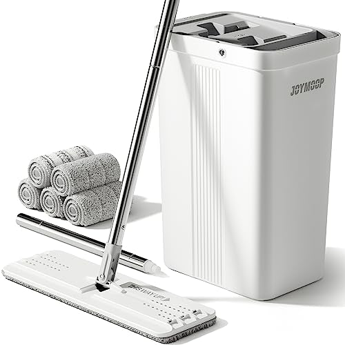 JOYMOOP Flat Mop System, Microfiber Mop and Bucket Set, White, Floor Cleaning for Home & Commercial Use, Wet Dry Mop for Hardwood Floors, Long Handle, Includes 5 Washable Pads - color: White Standard2451