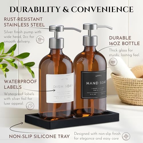 Glass Soap Dispenser Set of 2 (Amber) with Silicone Tray | Hand and Dish Soap Dispenser for Kitchen and Bathroom | 16.8 Oz Glass Bottles with Stainless Steel Pump & 15 Waterproof Labels (Amber/Silver) - color: Amber/Silver