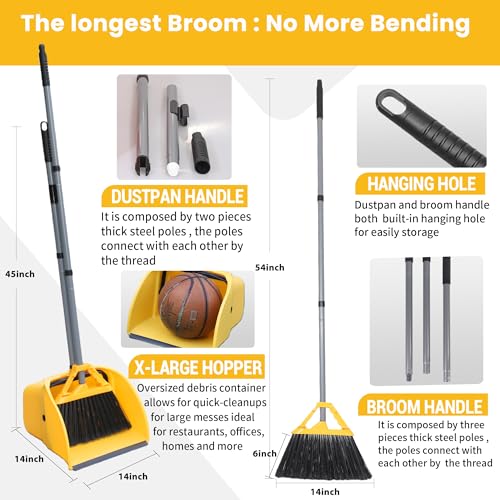 Commercial Broom and Dustpan Set, Jumbo Lobby Debris Dustpan (14inch*14inch), Heavy Duty Broom (14inch Width),for Indoor and Outdoor Cleaning,2 Sets, Yellow