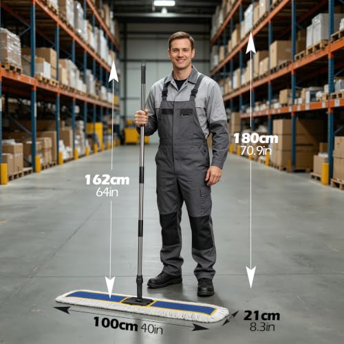 MASTERTOP 40" Commercial Dust Mop for Floor Cleaning, Heavy Duty Flat Mop | Industrial 64" Long Handle Push Broom with 2 Cotton Pads for Hardwood, Tile, Laminate, Concrete, Warehouse & Gym Cleaning - color: Blue(40"*8.3")