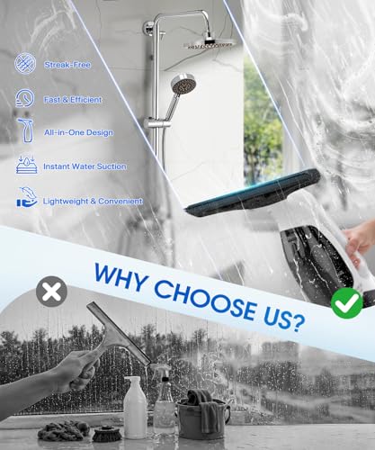 Window Vacuum Squeegee Cordless, 3-in-1 Electric Window Cleaner Tool with Spray & Microfiber Pad, Streak-Free 2200Pa Suction for Glass, Shower Doors, Mirrors, Tiles and Car Windows