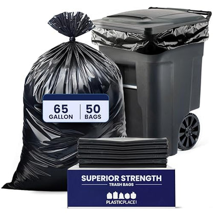 Plasticplace 65 Gallon Trash Bags │ 3.0 Mil │ Black Heavy Duty Garbage Can Liners │ 50” X 48” (50Count)