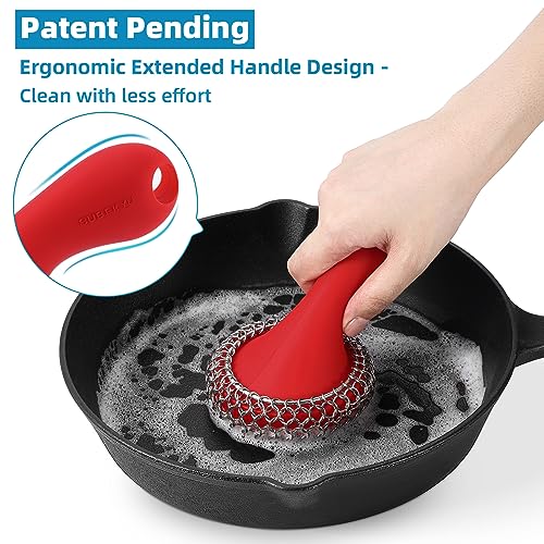 SUBEKYU Cast Iron Scrubber with Silicone Handle, Stainless Steel Cast Iron Skillet Cleaner Chainmail Scrubber for Cast Iron Pans, Red - color: Red