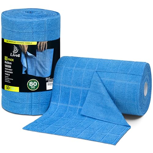 LIVOS Microfiber Cleaning Cloth Roll - 80 Pack, Reusable Paper Towels, Microfiber Towels for Cars, Super Absorbent Lint Free Cleaning Rags for House, Kitchen, Window-Check Blue, 11.5"x11.5" - color: Check Blue