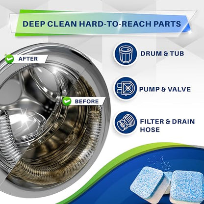 Washing Machine Cleaner Tablets, 24 Pack–Deep Cleaning Tablets for Top & Front Load HE Washer Cleaners, Descaler & Deodorizer, Septic Safe, Cleans Drum, Tub, Seal & All Internal Parts