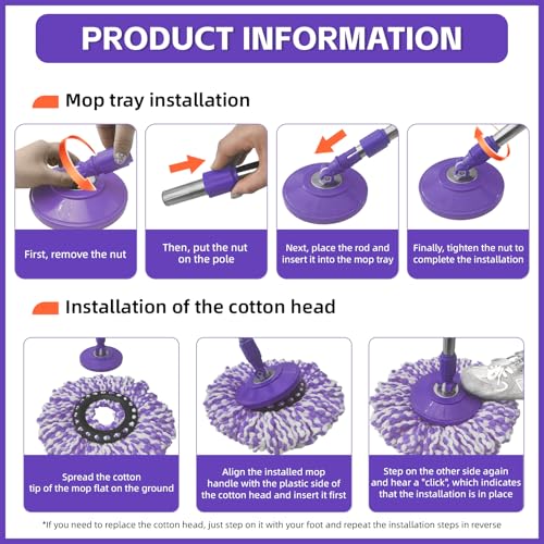 Spin Mop Replacement Handle, 47.6-inch 360 Degrees Rotating Telescopic Replacement Mop Stick with a Robust Stainless Steel Disc for Spin Mop Bucket Cleaning System (Stainless Steel Disc,Purple) - color: Purple, style: Stainless Steel