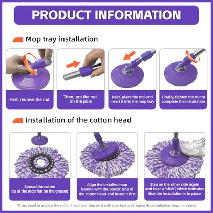 Spin Mop Replacement Handle, 47.6-inch 360 Degrees Rotating Telescopic Replacement Mop Stick with Robust Reinforced Plastic Disc for Spin Mop Bucket Cleaning System (Plastic Disc,Purple) - color: Purple, style: Plastic Disc