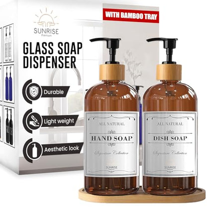 Sunrise Premium 16 OZ Thick Amber Glass Soap Dispenser, Bamboo Pump with Tray 2 Pack, Hand and Dish Soap Dispenser Set for Bathroom with 6 Waterproof Labels - color: Plastic Bamboo Pump - Amber Glass Pack 2