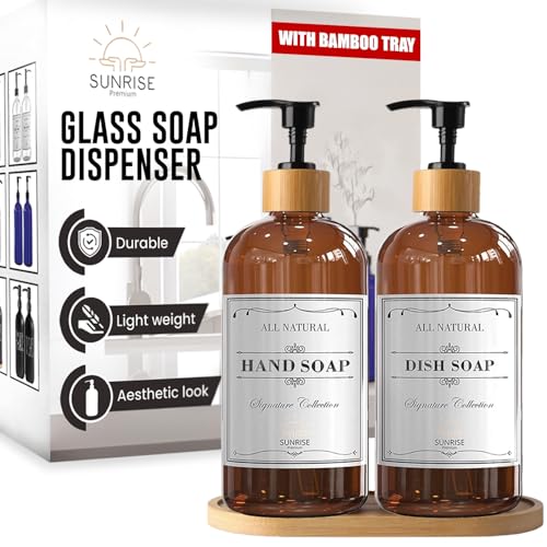 Sunrise Premium 16 OZ Thick Amber Glass Soap Dispenser, Bamboo Pump with Tray 2 Pack, Hand and Dish Soap Dispenser Set for Bathroom with 6 Waterproof Labels - color: Plastic Bamboo Pump - Amber Glass Pack 2