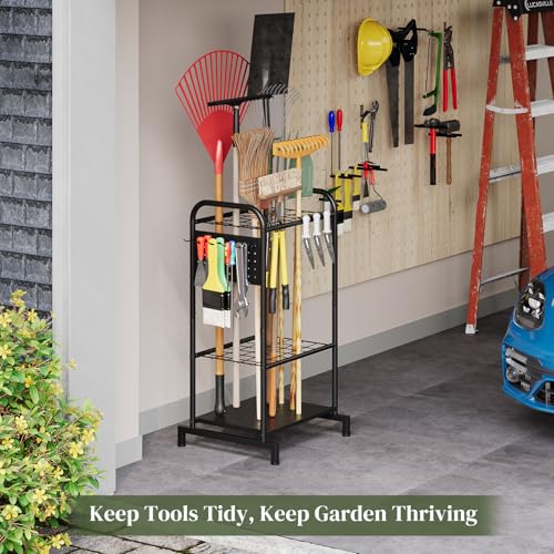 Garden Tool Organizer with Hooks Yard Tool Rack Heavy Duty Steel Yard Tool Organizer and Garden Storage Holder Broom Holder for Shed, Patio, Outdoor Indoor - style: Rack with Hooks