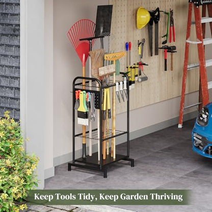 Garden Tool Organizer with Hooks Yard Tool Rack Heavy Duty Steel Yard Tool Organizer and Garden Storage Holder Broom Holder for Shed, Patio, Outdoor Indoor - style: Rack with Hooks