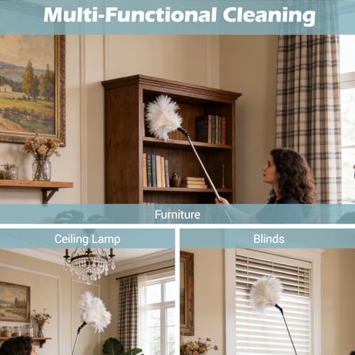 Extendable Feather Duster 22–47 Inch, Long Handle Ceiling Fan Duster for High Ceilings, Cobweb Duster, Natural Ostrich Feather Cleaner for Furniture & Blinds(White) - color: White