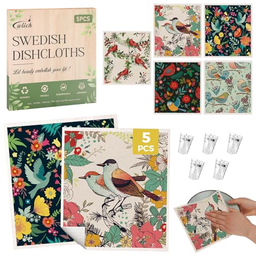 wlich 5PCS Swedish Dishcloths for Kitchen, Reusable Dish Rags for Washing Dishes with Clips, Non-Scratch Kitchen Towels and Dishcloths Sets, Washable Swedish Dish Cloths, No Odor(Birds Flowers) - color: Birds Flowers, size: 5PCS