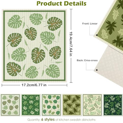 6 Packs Swedish Paper Cloths for Kitchen, Reusable Paper Towels Washable Dish Rags, Highly Absorbent Kitchen Towels Quick Drying Swedish Sponge Cleaning Dish Cloths(Green Plant Leaves) - color: Green Plant Leaves