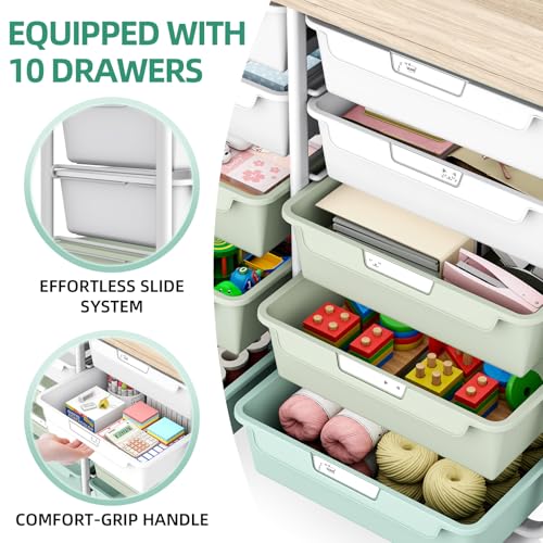 10 Drawers Rolling Cart with Wooden Tabletop, Utility Storage Cart with Wheels, Art Supply Craft Organizer on Wheel with Metal Frame & Handles for Home Office School,Green - color: Green