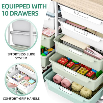 10 Drawers Rolling Cart with Wooden Tabletop, Utility Storage Cart with Wheels, Art Supply Craft Organizer on Wheel with Metal Frame & Handles for Home Office School,Green - color: Green
