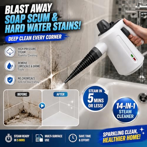 Handheld Steam Cleaner with 14 Accessories, High-Pressure Multi-Surface Steam Cleaner for Grout, Tile, Floors, Kitchen, Bathroom, Upholstery, and Car Detailing