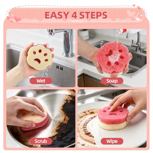 Cleangor 4pcs Scrub Sponges, Dual-Sided Temperature-Controlled Dish Sponges, Scratch-Free, Easy to Clean, Kitchen Cleaning Sponges for Tough Stains, Delicate Surfaces, Glassware, Cookware, Appliances
