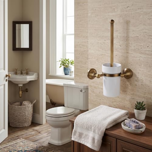 Elegant European Antique Bronze Toilet Brush Holder Set, Wall Mounted Brass Bathroom Accessories Set (Golden)