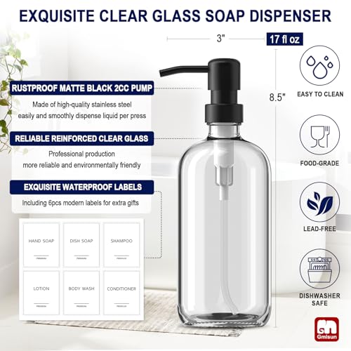 GMISUN Glass Soap Dispenser with Pump, 2 Pack Clear Bathroom Hand Soap Dispenser with Stainless Steel Pump, 16 Oz Refillable Kitchen Hand and Dish Soap Dispensers Set, Modern Liquid Pump Bottles - color: Clear Bottle + Black Pump, size: 2 Pack