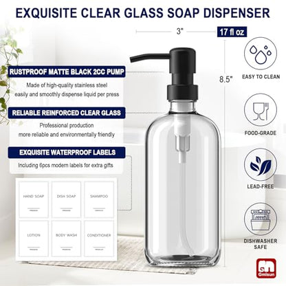 GMISUN Glass Soap Dispenser with Pump, 2 Pack Clear Bathroom Hand Soap Dispenser with Stainless Steel Pump, 16 Oz Refillable Kitchen Hand and Dish Soap Dispensers Set, Modern Liquid Pump Bottles - color: Clear Bottle + Black Pump, size: 2 Pack