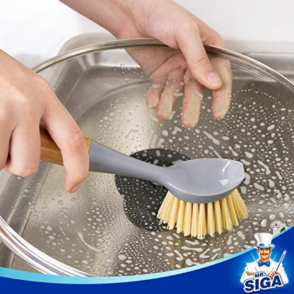MR.SIGA Dish Brush with Bamboo Handle Built-in Scraper, Scrub Brush for Pans, Pots, Kitchen Sink Cleaning, Pack of 2 - color: Gray