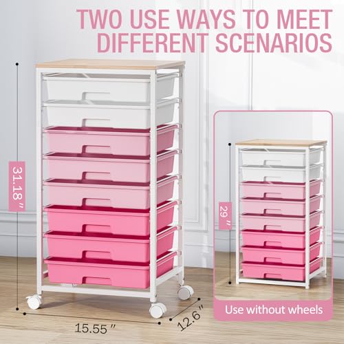 Rolling Cart with Drawers, Pink Cart with 8 Plastic Drawer Storage and Wooden Tabletop, Craft Storage, Teacher Cart, Storage Cart on Wheels, Rose Pink - color: Rose Pink