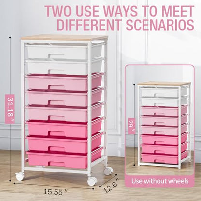 Rolling Cart with Drawers, Pink Cart with 8 Plastic Drawer Storage and Wooden Tabletop, Craft Storage, Teacher Cart, Storage Cart on Wheels, Rose Pink - color: Rose Pink