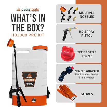 PetraTools 3 Gallon Battery Powered Backpack Sprayer in Lawn and Garden - HD3000 - Long Battery Life & Padded Straps for Comfort - Electric Sprayer w/ 7 Spray Nozzles & 80PSI (3 Gallon ProKit) - size: HD3000 ProKit (7 Nozzles)
