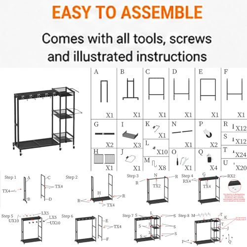 Rolling Cleaning Cart with Wheels, Mop and Broom Holder Organizer, Heavy Duty Utility Cleaning Supply Rack with Storage Shelves & Hooks for Garage, Laundry Room, Kitchen