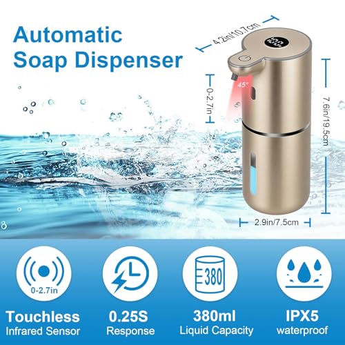 OHIFAST Automatic Foaming Soap Dispenser Touchless, USB Rechargeable Smart Hand Soap Dispenser, 6-Level Adjustable, 12.8oz/380mL Wall Mounted for Bathroom Kitchen Dish Soap-Gold - color: Gold, style: Foam