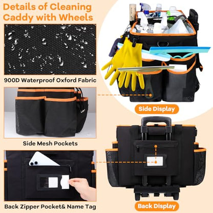 COVKEV Rolling Cleaning Caddy with Wheels& Built-in Board, Extra Large Cleaning Caddy Bag with Detachable Trolley, Water Resistant Lining Cleaning Supplies Organizer on Wheels for Housekeepers (Black)