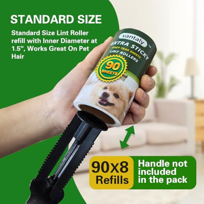 Extra Sticky Lint Roller Refills,Fits Most 3.9"-4" Standard Size Lint Roller with Inner Diameter at 1.5", 8 Pack with 720 Sheets Total, Pet Hair Remover for Clothes, Car, Furniture - size: 720 Refills