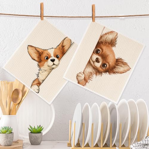 2 Pcs Cartoon Peeking Welsh Corgi Swedish Dishcloths for Kitchen, Absorbent Reusable Paper Towels, Cute Chihuahua Puppy Geometry Kitchen Towels for Bathroom Home, Dog Lover Gifts for Women - color: Sz 0755