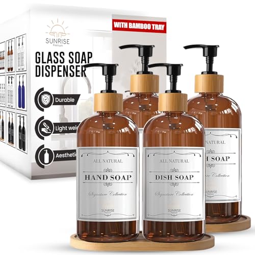 Sunrise Premium 16 OZ Thick Amber Glass Soap Dispenser, Bamboo Pump with Tray 4 Pack, Hand and Dish Soap Dispenser Set for Bathroom with 12 Waterproof Labels - color: Plastic Bamboo Pump - Amber Glass Pack 4
