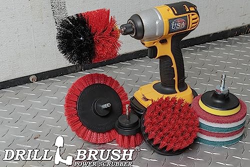 Drillbrush Commercial Heavy Duty Scouring Pads and Scrubber Set Drill Powered Nylon Scrub Brush Attachment Set Outdoor Cleaning Drill Brush Power Scrubber - color: Red