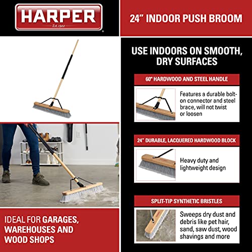 Harper 24 Inch Indoor Smooth-Surface Push Broom with Flagged Bristles for Sand, Saw Dust, Wood Shavings and Pet Hair in Garages, Warehouses, and Workshops - style: Indoor Smooth-Surface Push Broom