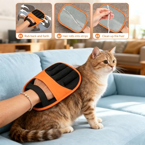 2 Pack Pet Hair Removal Gloves, Reusable Electrostatic Dog Cat Hair Remover Glove for Furniture Car Seats Clothing, Washable Grooming Mitts for Shedding-Orange | 2 Pack Pet Hair Removal Gloves