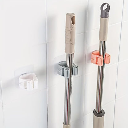 3PCS Mop Broom Holder Hook Wall Mounted Self Adhesive Detachable Non Slip Waterproof Broom Clip Organizer Bathroom Kitchen Garage, White - color: White