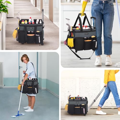 JKAOO Large Rolling Cleaning Caddy Bag with Detachable Trolley, Gray | Waterproof Cleaning Caddy with Wheels, 40L Wheeled Organizer Cart for Supplies, Housekeepers, Home, Office, Car, Picnic - color: Gray