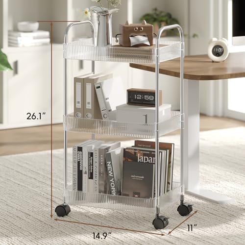 STARLATTA 3 Tier Rolling Cart with Lockable Wheels, Clear Acrylic Utility Trolley with Handle, Heavy-Duty Storage Organizer for Kitchen Bathroom Nursery Laundry - Snack Book Craft Organizer (Clear)