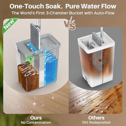 Mop and Bucket Set with AUTO Pump, 3-Zone Separate Dirty and Clean Water, Flat Mop and Bucket System with Wringer and Wheels, 6 Reusable Microfiber Pad, One-Touch Water Filling for Home Cleaning - size: mop bucket set + 6 pads