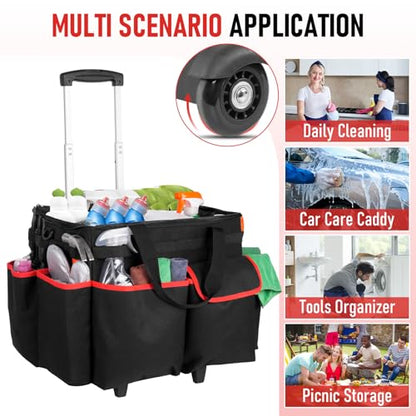Large DIY Rolling Cleaning Caddy Bag, Cleaning Caddy with Wheels for Housekeepers, Wear-Resistant & Waterproof 900D Oxford Cleaner Supplies Organizer for Kitchen, Home, Office, Tool Storage