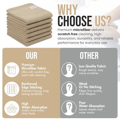 Ameri-Homes Microfiber Cleaning Cloths 12 x 12 Inches, 400 GSM Ultra Soft, Lint-Free & Scratch-Free, Highly Absorbent Towels for Car, Kitchen, Glass & Home Cleaning, Pack of 6 (Light Brown) - color: Light Brown