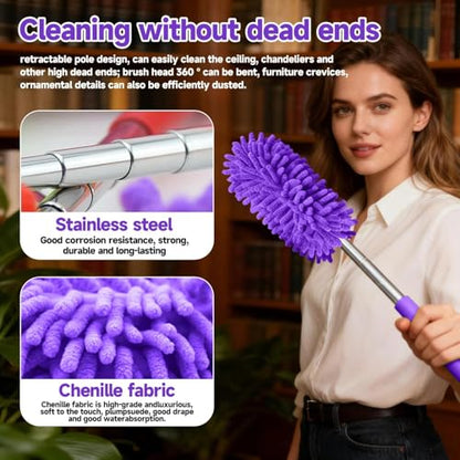 Extendable Microfiber Duster, Telescoping Dusting Brush for Home and Car Cleaning, Adjustable Length, Soft and Flexible - color: Elongated Purple